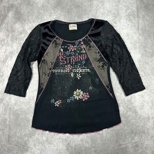 Vintage Y2K Edista Women Black Floral Graphic Top Pink Lettuce Hem L Whimsigoth